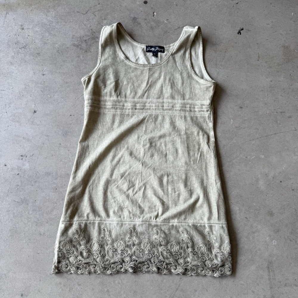 Gretty‎ Zueger Green Mineral Wash Tunic S Cotton Organic Relaxed Lace Trim Tank